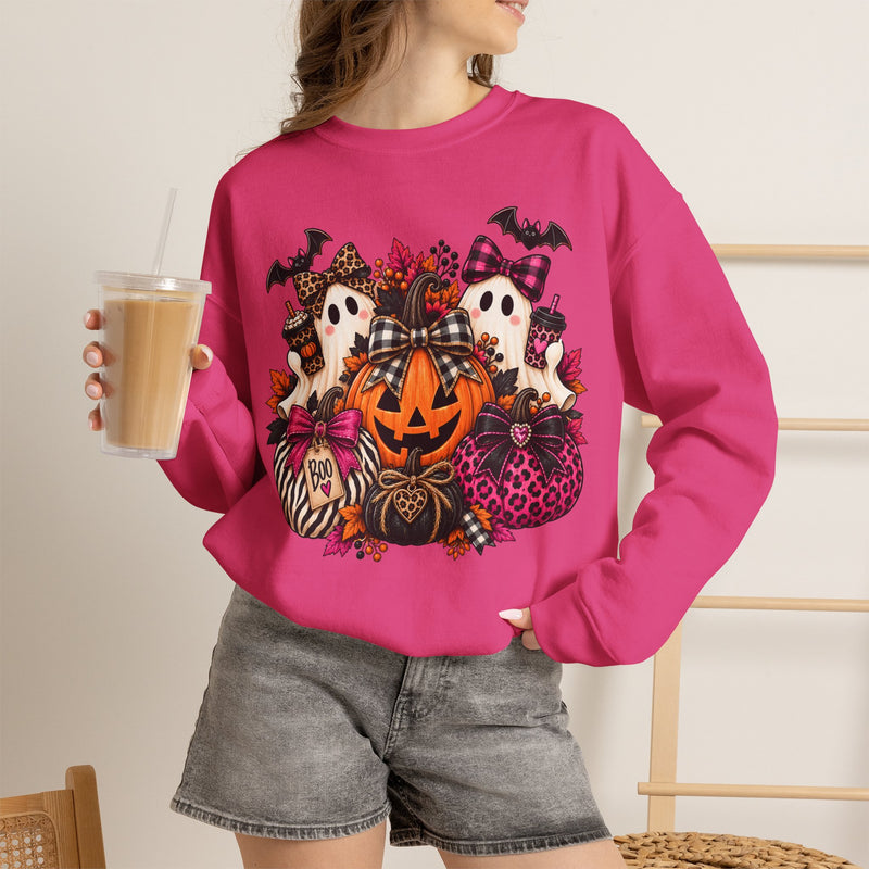 Halloween Pumpkin & Ghost Crewneck Sweatshirt — Cute Spooky Pink Leopard Fall Graphic