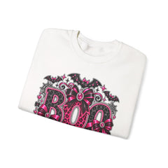 BOO Halloween Crewneck Sweatshirt — Pink Gothic Bat & Floral Design