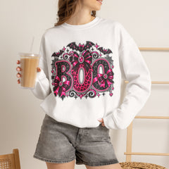 BOO Halloween Crewneck Sweatshirt — Pink Gothic Bat & Floral Design