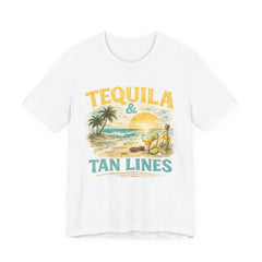 Tequila & Tan Lines Beach T-Shirt — Tropical Sunset Vacation Tee