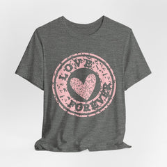 Heart Stamp Tee — Pink 'Love More' Graphic T-Shirt