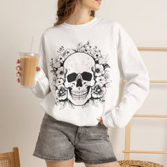Skull & Floral Crewneck Sweatshirt — Gothic Skull with Flowers Graphic - Halloween