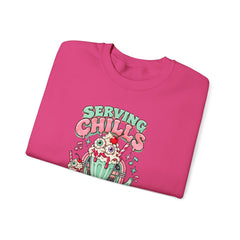 "Serving Chills with Extra Whipped Cream" Cozy Graphic Pullover Sweatshirt- Halloween