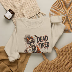 Dead Tired Halloween Crewneck Sweatshirt – Sleepy Skeleton Coffee Graphic Halloween
