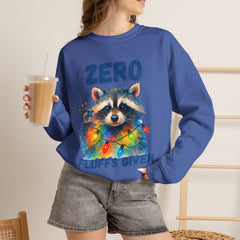 Crewneck Sweatshirt — "Zero Fluffs Given" Raccoon Holiday Gildan Crewneck
