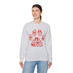 Christmas Bow Paw Print Gildan Sweatshirt — Red Heart Paw Design for Pet Lovers