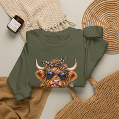 Highland Cow Floral Crewneck Sweatshirt – Sunflower Cow with Bandana & Sunglasses