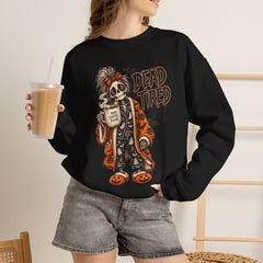 Dead Tired Halloween Crewneck Sweatshirt – Sleepy Skeleton Coffee Graphic Halloween