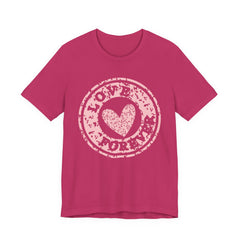 Heart Stamp Tee — Pink 'Love More' Graphic T-Shirt