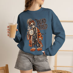 Dead Tired Halloween Crewneck Sweatshirt – Sleepy Skeleton Coffee Graphic Halloween