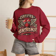 Certified Heartbreaker Crewneck Sweatshirt — Vintage Racing Winged Valentines Heart Graphic
