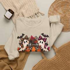 Halloween Pumpkin & Ghost Crewneck Sweatshirt — Cute Spooky Pink Leopard Fall Graphic