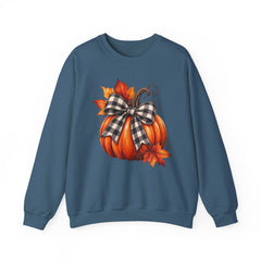 Fall Pumpkin Crewneck Sweatshirt – Buffalo Check Bow & Autumn Leaves