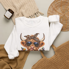 Highland Cow Floral Crewneck Sweatshirt – Sunflower Cow with Bandana & Sunglasses