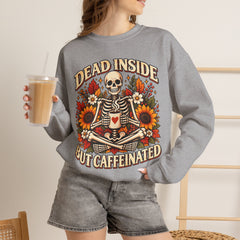 Skeleton Coffee Sweatshirt, Dead Inside But Caffeinated Crewneck, Halloween Gift, Unisex Fall Apparel, Cozy Lounge Wear