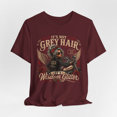 It's Not Grey Hair It's Wisdom Glitter T-Shirt — Vintage Skull & Rose Biker Tee for Women & Men