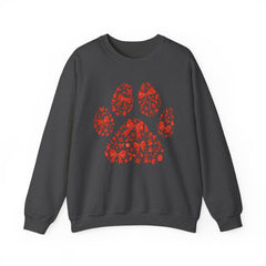 Christmas Bow Paw Print Gildan Sweatshirt — Red Heart Paw Design for Pet Lovers