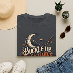 Buckle Up Witches T-Shirt — Retro Moon & Broom Halloween Tee- BP
