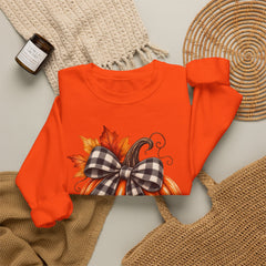 Fall Pumpkin Crewneck Sweatshirt – Buffalo Check Bow & Autumn Leaves