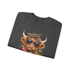 Highland Cow Floral Crewneck Sweatshirt – Sunflower Cow with Bandana & Sunglasses