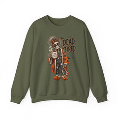 Dead Tired Halloween Crewneck Sweatshirt – Sleepy Skeleton Coffee Graphic Halloween