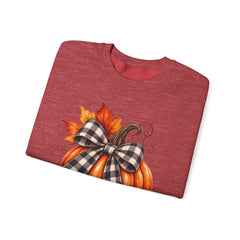 Fall Pumpkin Crewneck Sweatshirt – Buffalo Check Bow & Autumn Leaves