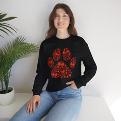 Christmas Bow Paw Print Gildan Sweatshirt — Red Heart Paw Design for Pet Lovers