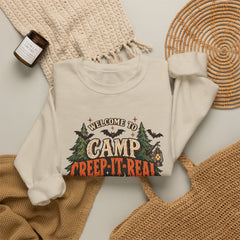 Camp Creep-It-Real Sweatshirt — Retro Spooky Camping Crewneck - Halloween Vibes