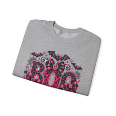 BOO Halloween Crewneck Sweatshirt — Pink Gothic Bat & Floral Design