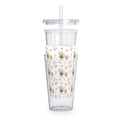 Bee-themed Plastic Tumbler with Straw, Eco-friendly Drinkware, Floral Cup, Summer Hydration, Cute Gift for Bee Lovers