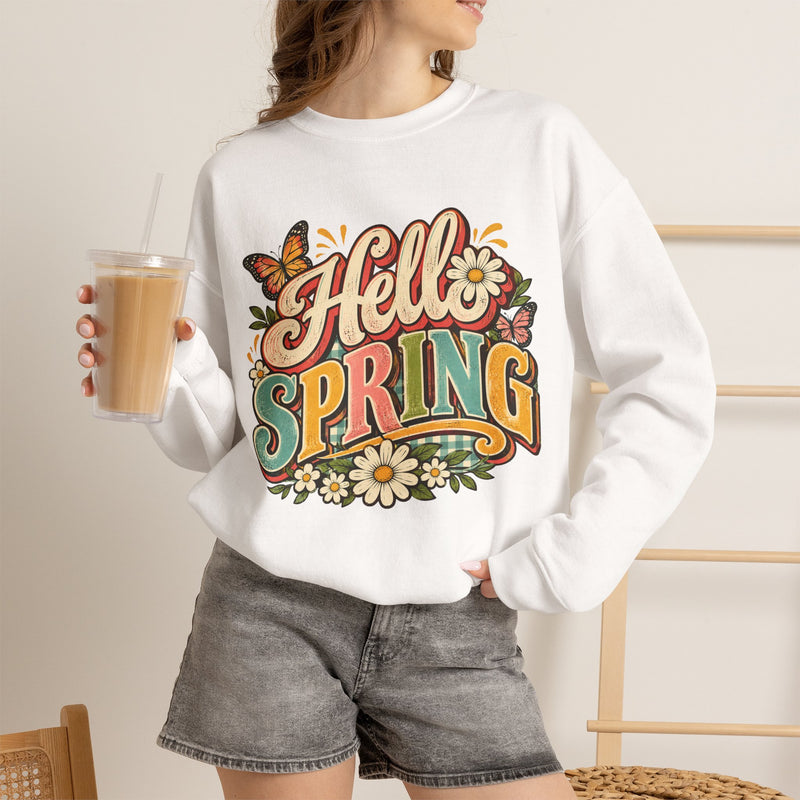 Hello Spring Crewneck Sweatshirt — Floral Retro Graphic