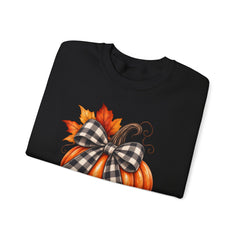 Fall Pumpkin Crewneck Sweatshirt – Buffalo Check Bow & Autumn Leaves
