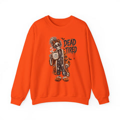 Dead Tired Halloween Crewneck Sweatshirt – Sleepy Skeleton Coffee Graphic Halloween