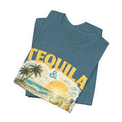 Tequila & Tan Lines Beach T-Shirt — Tropical Sunset Vacation Tee
