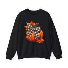 Fall Pumpkin Crewneck Sweatshirt – Buffalo Check Bow & Autumn Leaves