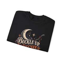Buckle Up Witches Crewneck Sweatshirt — Retro Moon, Broom & Cauldron Halloween Pullover