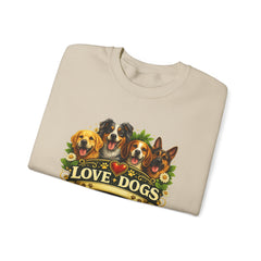 Love Dogs Crewneck Sweatshirt — Cute Paw Print & Dog Portraits Graphic