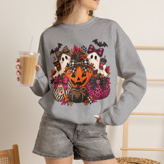 Halloween Pumpkin & Ghost Crewneck Sweatshirt — Cute Spooky Pink Leopard Fall Graphic