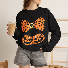 Halloween Pumpkin Bow Sweatshirt, Fall Fashion, Cozy Crewneck, Unisex Sweatshirts, Holiday Apparel, Seasonal Gift