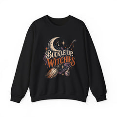 Buckle Up Witches Crewneck Sweatshirt — Retro Moon, Broom & Cauldron Halloween Pullover