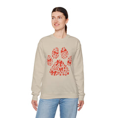 Christmas Bow Paw Print Gildan Sweatshirt — Red Heart Paw Design for Pet Lovers