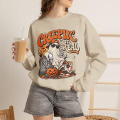 Halloween Ghost Sweatshirt — “Creepin’ It Real” Retro Pumpkin Graveyard Crewneck