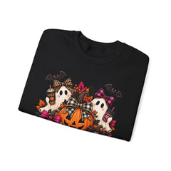 Halloween Pumpkin & Ghost Crewneck Sweatshirt — Cute Spooky Pink Leopard Fall Graphic