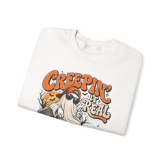 Halloween Ghost Sweatshirt — “Creepin’ It Real” Retro Pumpkin Graveyard Crewneck