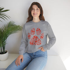 Christmas Bow Paw Print Gildan Sweatshirt — Red Heart Paw Design for Pet Lovers