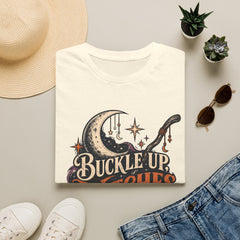 Buckle Up Witches T-Shirt — Retro Moon & Broom Halloween Tee- BP