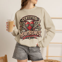Certified Heartbreaker Crewneck Sweatshirt — Vintage Racing Winged Valentines Heart Graphic