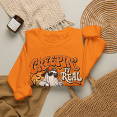 Halloween Ghost Sweatshirt — “Creepin’ It Real” Retro Pumpkin Graveyard Crewneck