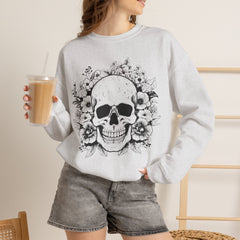 Skull & Floral Crewneck Sweatshirt — Gothic Skull with Flowers Graphic - Halloween