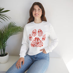 Christmas Bow Paw Print Gildan Sweatshirt — Red Heart Paw Design for Pet Lovers